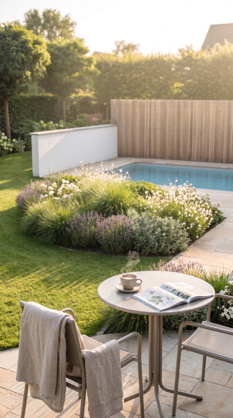 Terrasse mit Staudenbeet und Pool im Abendlicht